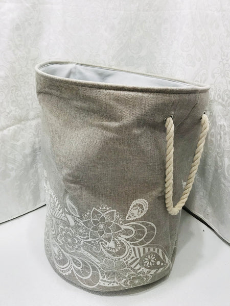 (Staining on Liner) Collapsible Gray Laundry Basket w/ Drawstring Top 21" x 17"