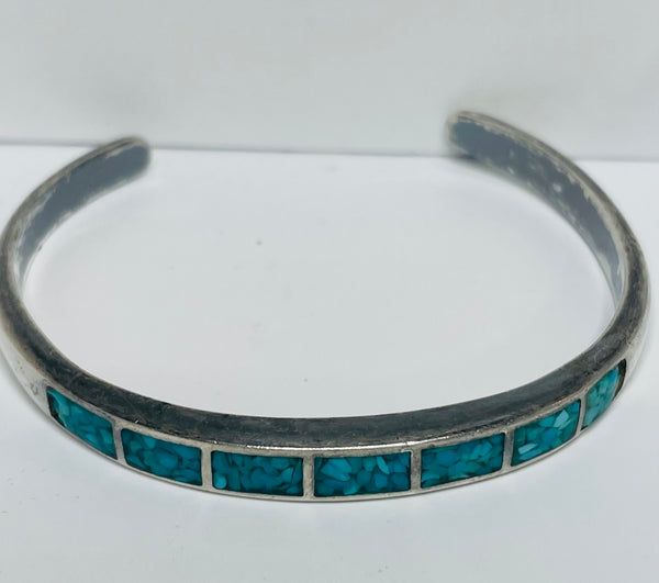 Silver Tone Cuff Bracelet with Inlay Turquoise Bits