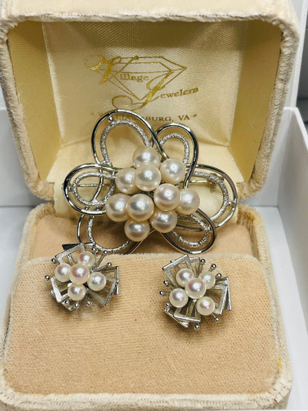 Vintage Sterling Silver 3 PC Cluster White Pearl Set: Broach/Pendant, Earrings