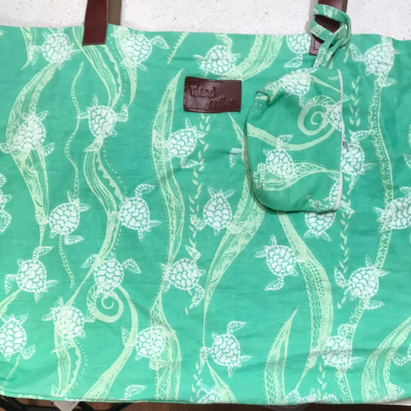 Island Smiles  CanvasTote Bag Green with White Turtles Large 22" x 14"