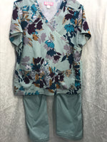 Koi by Kathy Peterson Scrubs 2 Pc Set Floral Top Teal Pants Ladies L