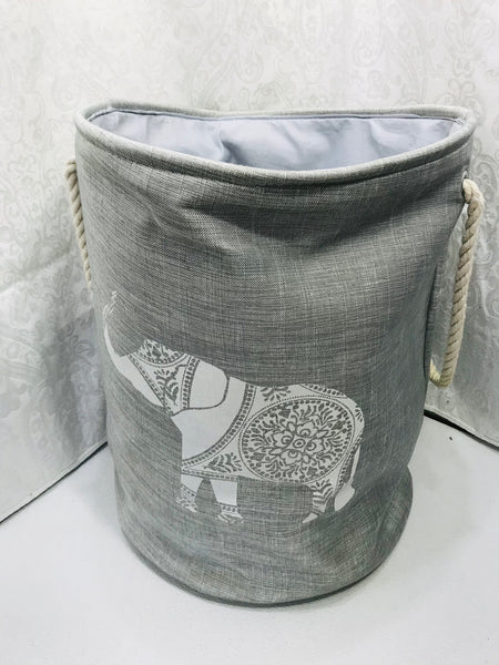 (Staining on Liner) Collapsible Gray / White Elephant Laundry Basket w/ Drawstring Top 21" x 17"