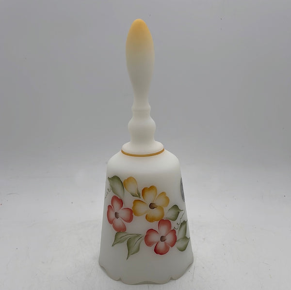 Fenton White Satin Frosted Glass Hand Painted and Signed Bell with Flowers