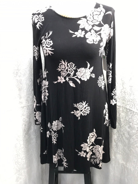 Old Navy Dress Long Sleeve Black with White Flowers Mid Thigh Length Ladies XS
