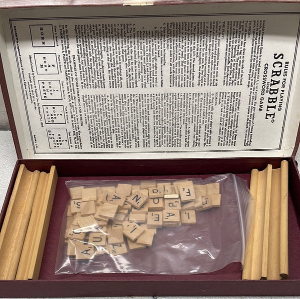 Vintage 1976 Scrabble with 98 Wooden Tiles, 4 Holders and Board SHOWS WEAR