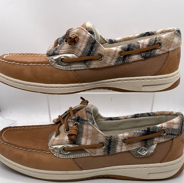 EUC Sperry Boat Top Sider Shoe Leather with Fleece Plaid Accents Ladies 8