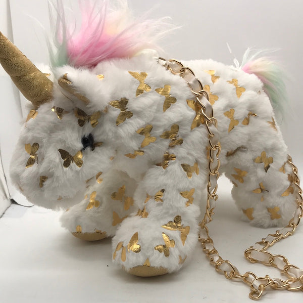 NEW! w/o tag Plush Unicorn Purse with Gold Butterfly Accents 10"