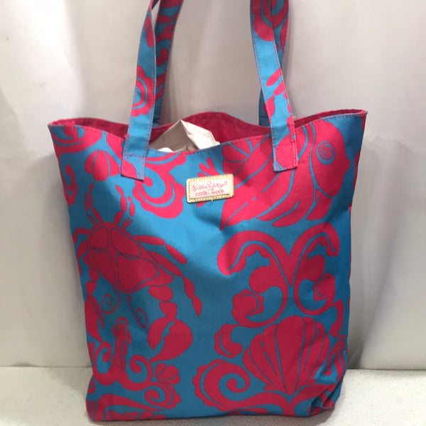 Lilly Pulitzer for Estee Lauder Tropical Crabs Canvas Tote Bag Pink & Blue 16"