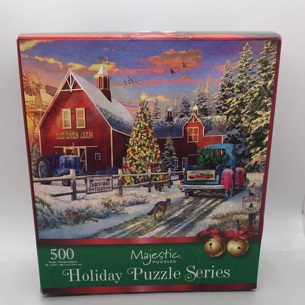 OPEN BOX UNCOUNTED Puzzle: 500 pc Holiday Red Barn Tree Farm