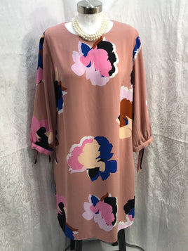 A New Day Beige Large Floral Pattern 3/4 Sleeve Dress Ladies L