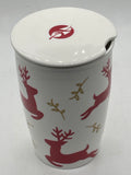 Ceramic Tumbler Coffee or Tea with Ceramic Lid 12oz White with Red Reindeer