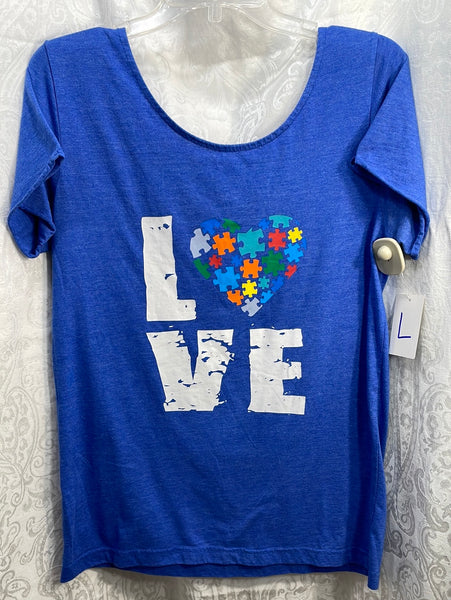 Autism Awareness Shirt LOVE Blue Flare Hips Ladies L