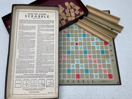 Vintage 1953 Scrabble with 100 Wooden Tiles, 4 Holders and Board SHOWS WEAR