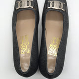 Classic Salvatore Ferragamo Italian Made Satin Silver Logo Block Heel Ladies 8