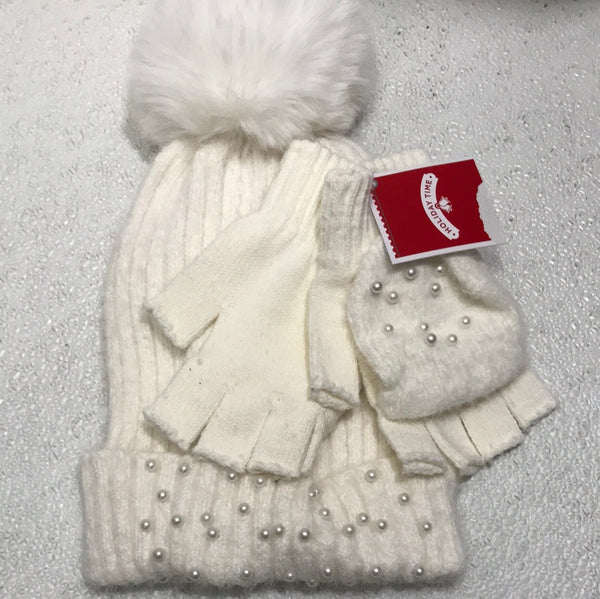 NEW! Holiday Time 2 Pc Hat Glove Set Fluffy White with Pearly Beads