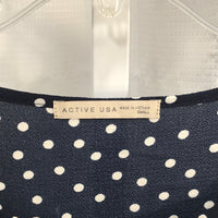 Active USA Blouse Navy Blue with White Polka Dots Flare 3/4 Sleeve Ladies S