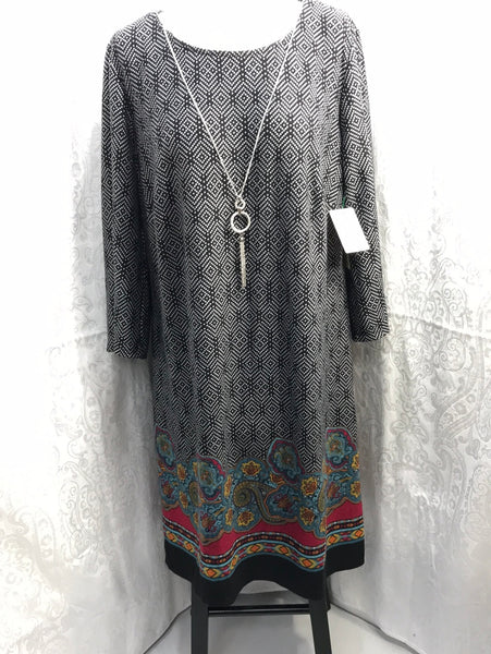 NWT Tacera Dress with attached Necklace Accent 3/4 Sleeve Black/White/Floral Ladies 1X