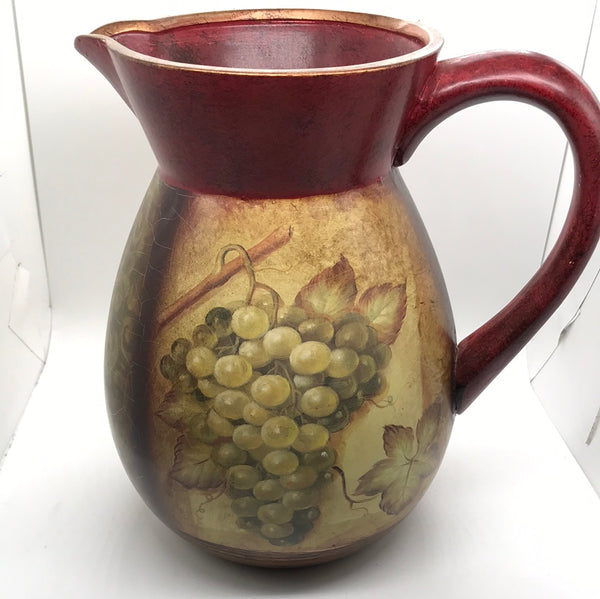 Large Decorative Pitcher DECOR ONLY LT CHIPPING Burgundy w/Grapes 11"