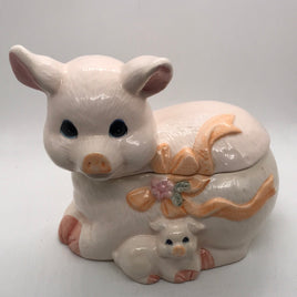 Vintage Ceramic Pig w/ Piglet Cookie Jar 7.5"