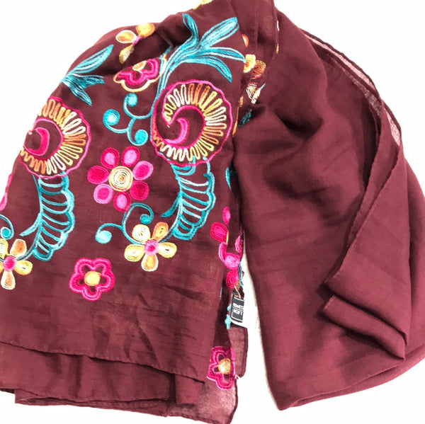 Fashion Summer Scarf/Multi Use/Serong Burgundy with Embroidered Flowers