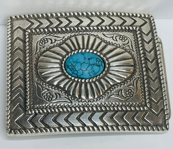 VINTAGE Silver Tone Belt Buckle Large Square with Faux Turquoise Stone 2" Square