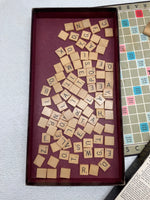 Vintage 1953 Scrabble with 100 Wooden Tiles, 4 Holders and Board SHOWS WEAR