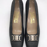 Classic Salvatore Ferragamo Italian Made Satin Silver Logo Block Heel Ladies 8