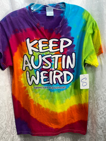 Keep Austin Weird Graphic Tee Rainbow Tie Dye Cut Neck Ladies S