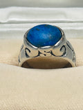 Sterling Silver RING 925 ESPO Wide Band with Blue Natural Stone Decorative Swirls SIZE 8