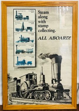 "Steam Along With Stamp Collecting -- All Aboard!" 24.5"x36" Wooden Framed Picture