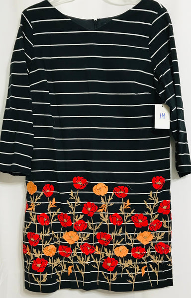 Lands End Black & White Stripe With Flowers Dress Ladies 14