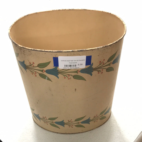 VINTAGE Metal Trash Can with Decorative Floral Accents
