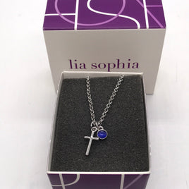 NEW! Lia Sophia Cross Necklace Silver Tone with Blue Glass Bead Accent
